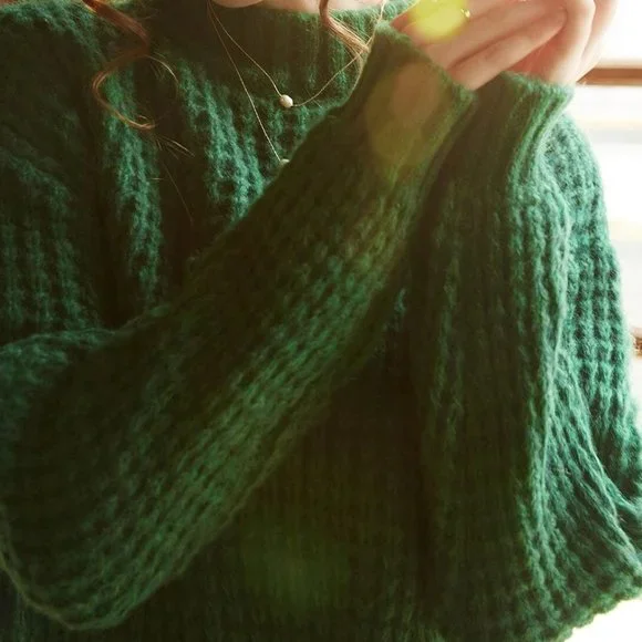 green waffle knit sweater fall winter trending chic casual - Picture 2 of 7